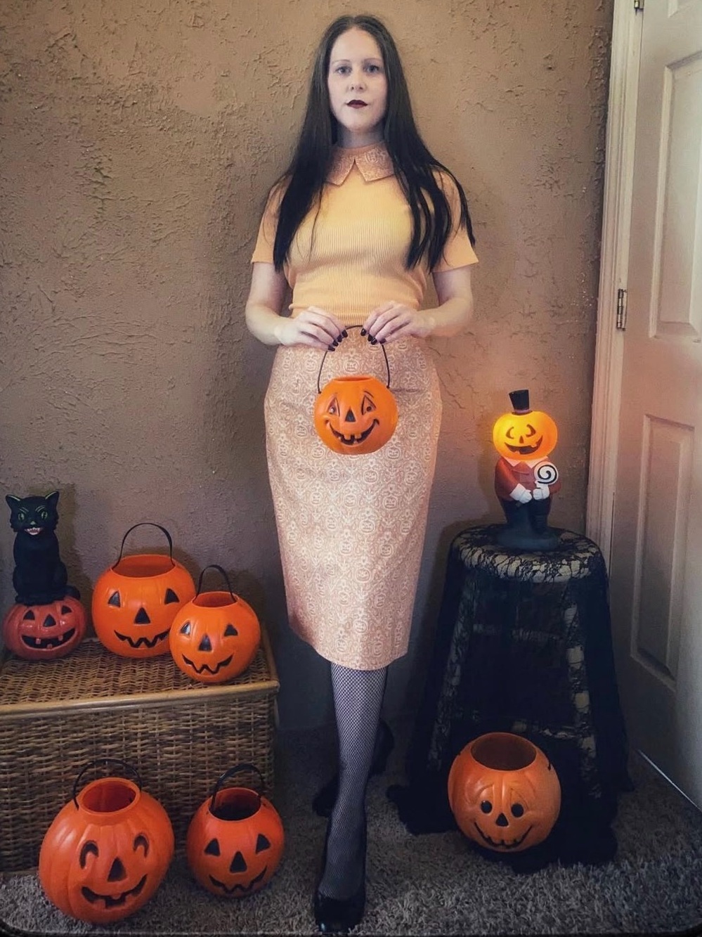 Handmade Cotton Pumpkin Jack O’ Lantern Spider Print Pin Up Pencil Skirt